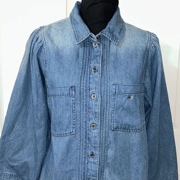 American Eagle Outfitters Denim Puff Sleeve Button Down Blue Top(Size Medium) - Picture 6 of 12